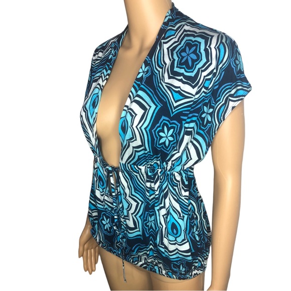 Express Blue Psychedelic Abstract Print Romper Style Tunic Blouse - Picture 6 of 13